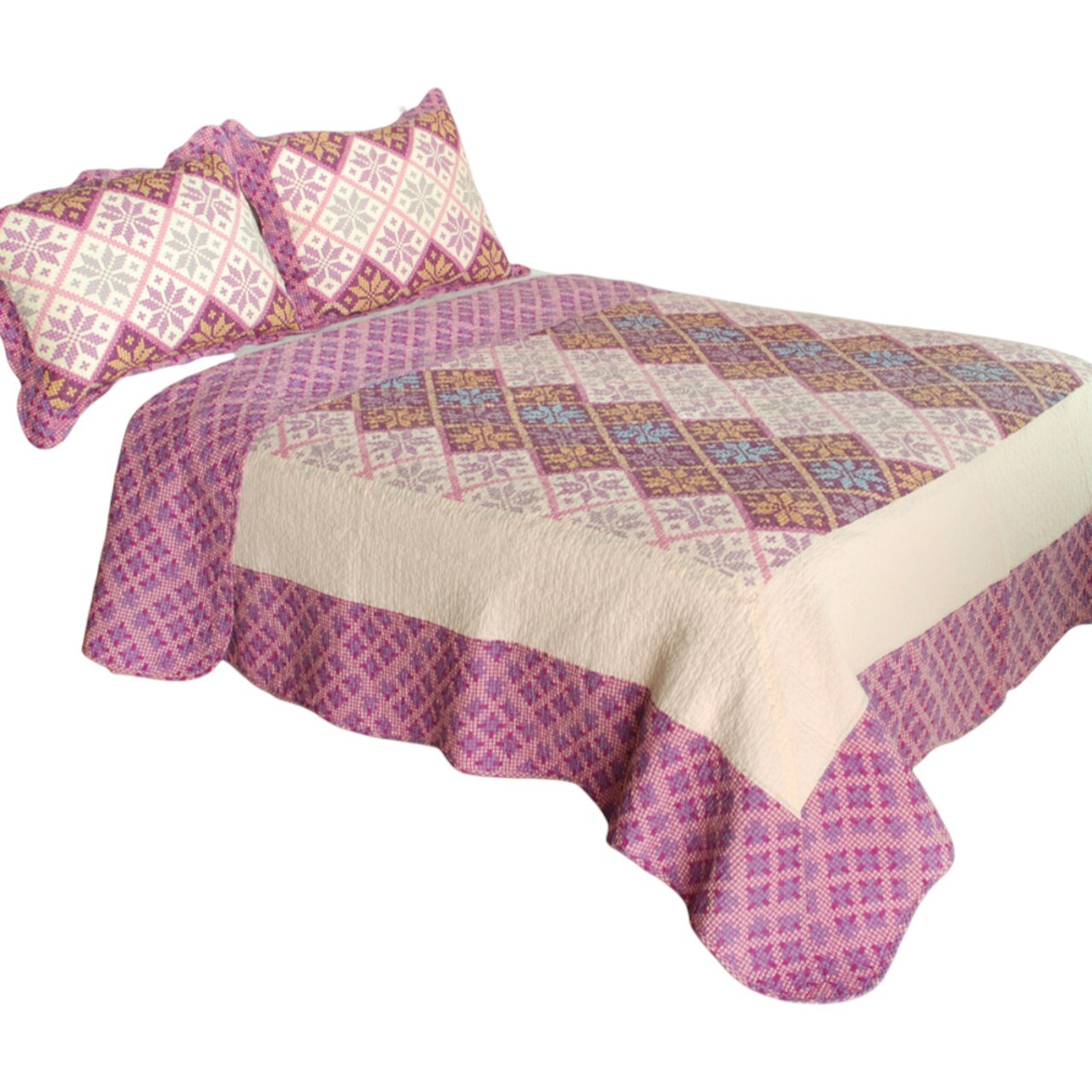 Full/Queen Cotton Quilt Set 3-Piece Geometric Vermicelli Quilted